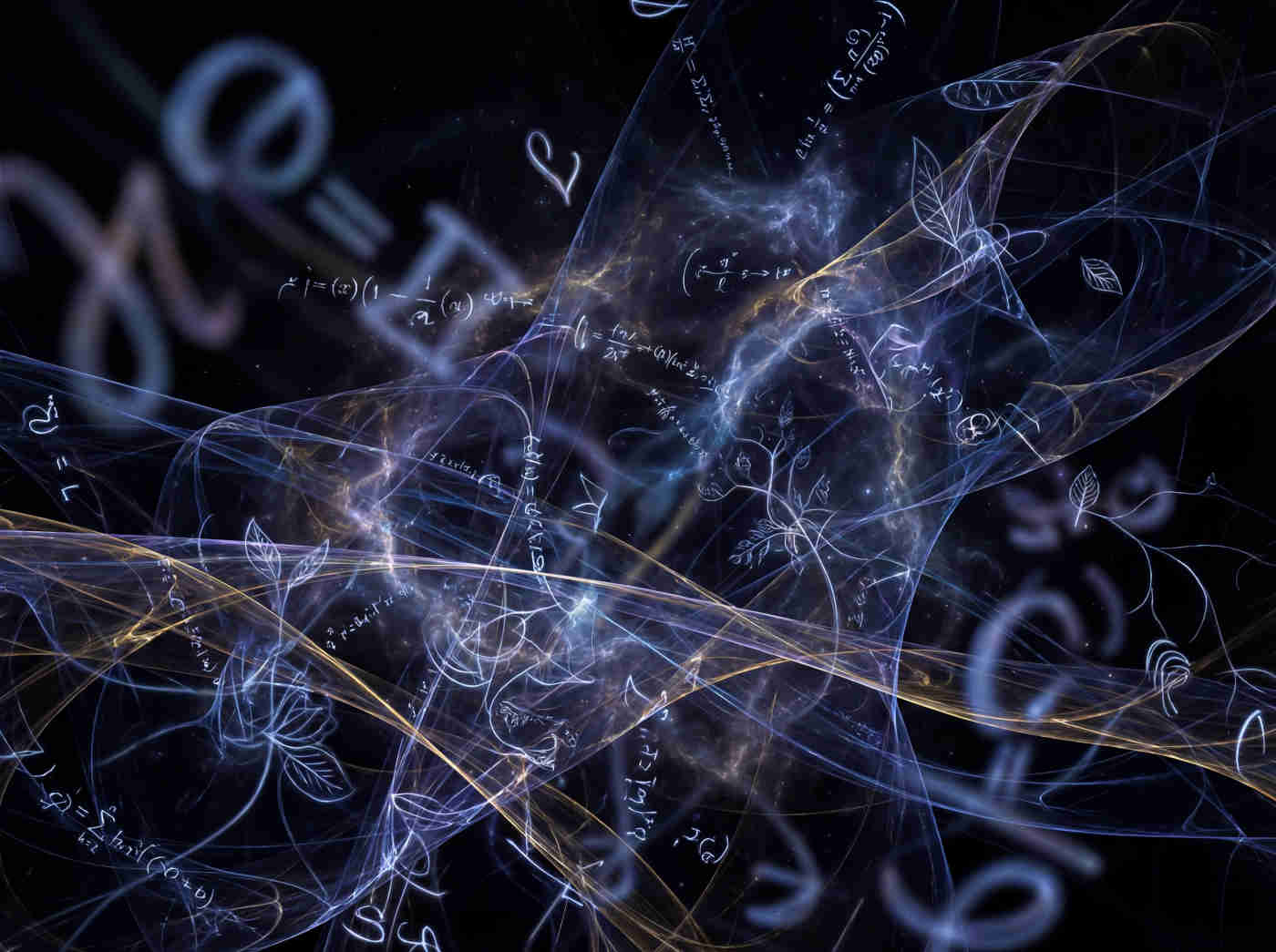 Interwoven abstract layers — symbols, equations, leaves, letters — forming a quiet lattice.