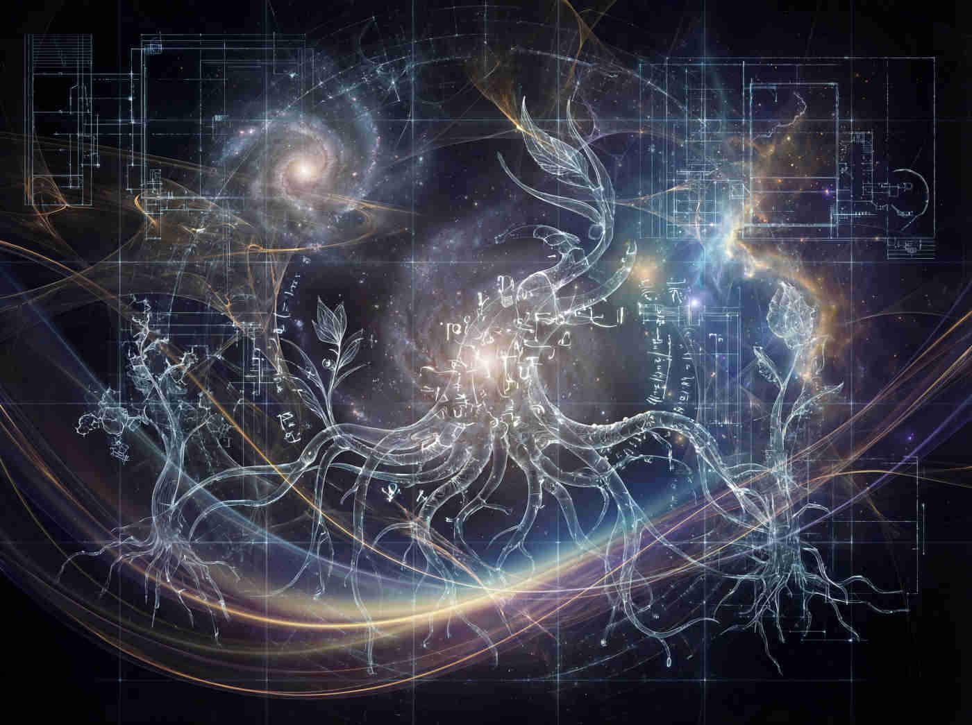 A stylized garden where symbols, words, and roots intertwine.